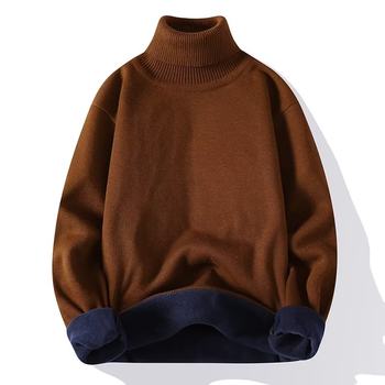 Men's solid color half turtleneck plus fleece sweater