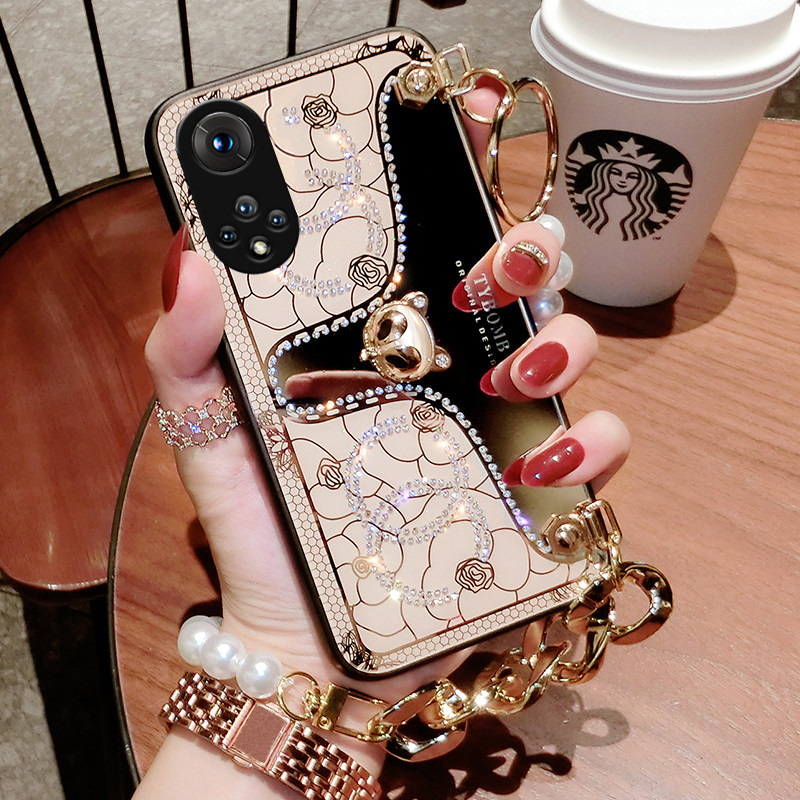 The Phantom Fox 2021 Mirror Pearl Chain Applies Huawei Glory 50 Mobile Phone Protection Shell Anti-Fall New Products Full Package Lens Net Red 50pro Women's Advanced Sensfeel Silicone Small Crowdfashion Tide Card European