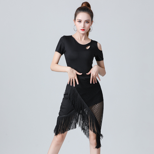 Women's latin dance dresses Latin dance clothing female adult encryption tassel skirt sexy big mesh stitching training dress dancing skirt