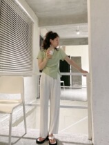 145 short subdesign feeling irregular short sleeves T-shirt ice silk pure color high waist wide leg pants tugging pants 80% 90%