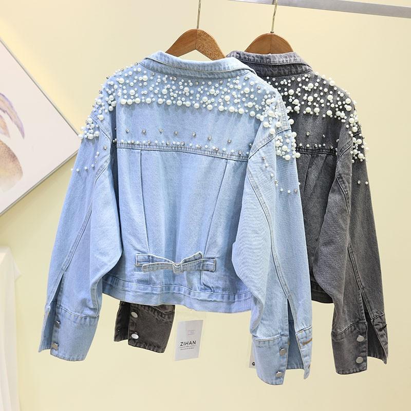 Mất denim ngắn phụ nữ áo khoác của 2019 mùa thu trang phục mới móng tay phiên bản Hàn Quốc nặng beadbat tay BF áo khoác áo khoác sinh viên