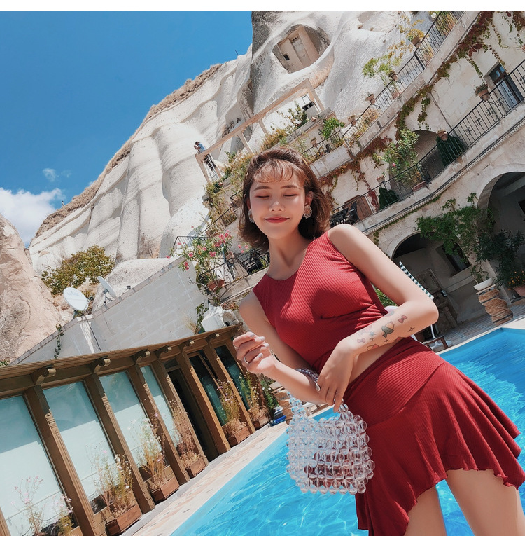 Bộ đồ bơi nữ màu đỏ chia đôi mới 2018 cũng Mei Shan che bụng bảo thủ nhỏ nhắn tươi tắn của cô gái Hàn Quốc. - Bộ đồ bơi hai mảnh đồ bơi 2 mảnh cổ yếm	
