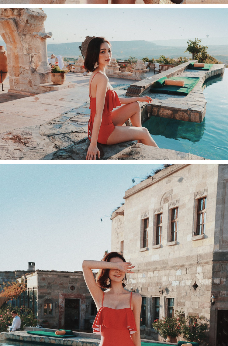 Áo tắm nữ màu đỏ mới 2018 mẫu hot mùa xuân mới nhất Meishan khoe ngực nhỏ xù gợi cảm áo tắm tam giác Xiêm - Bộ đồ bơi One Piece bikini một mảnh khoét eo