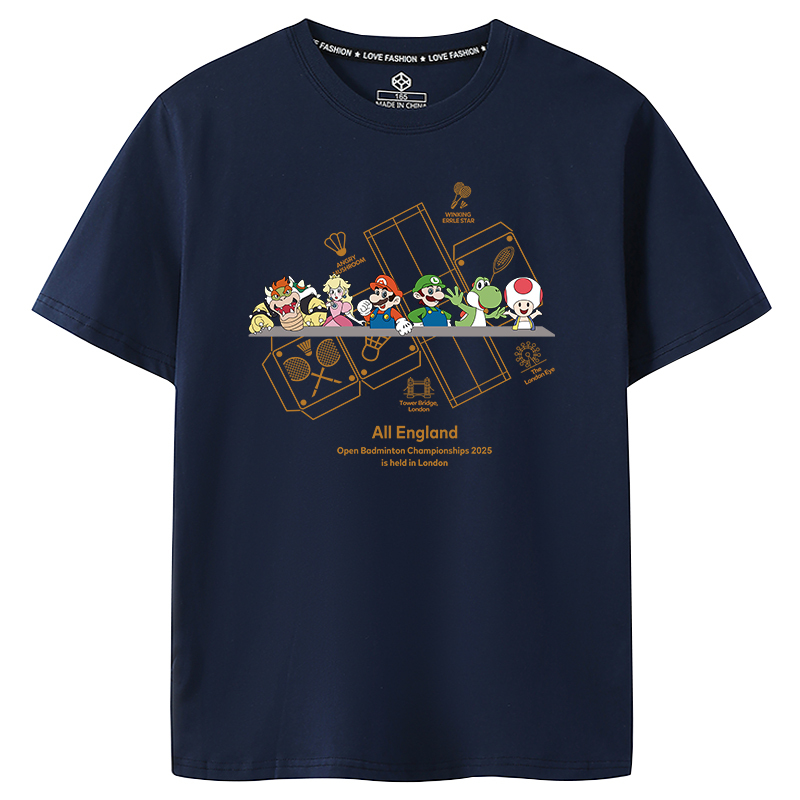 2026 New All-England Open Super Mario Print Pure Cotton Badminton Wear Sports Short-Sleeved T-Shirt for Summer