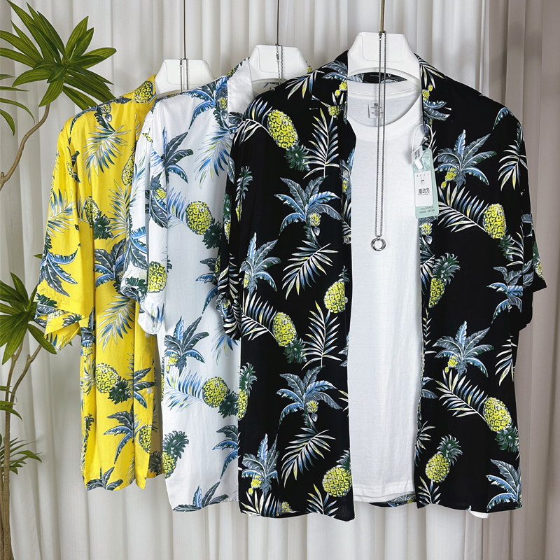 Hawaii Beach Travel Floral Shirt Men's Short-Sleeved Summer Loose Cotton Silk Handsome Casual Couple Half-Sleeved Shirt