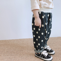 Childrens polka dots plus velvet padded pants autumn and winter boys and girls Korean casual warm pants baby big pp pants