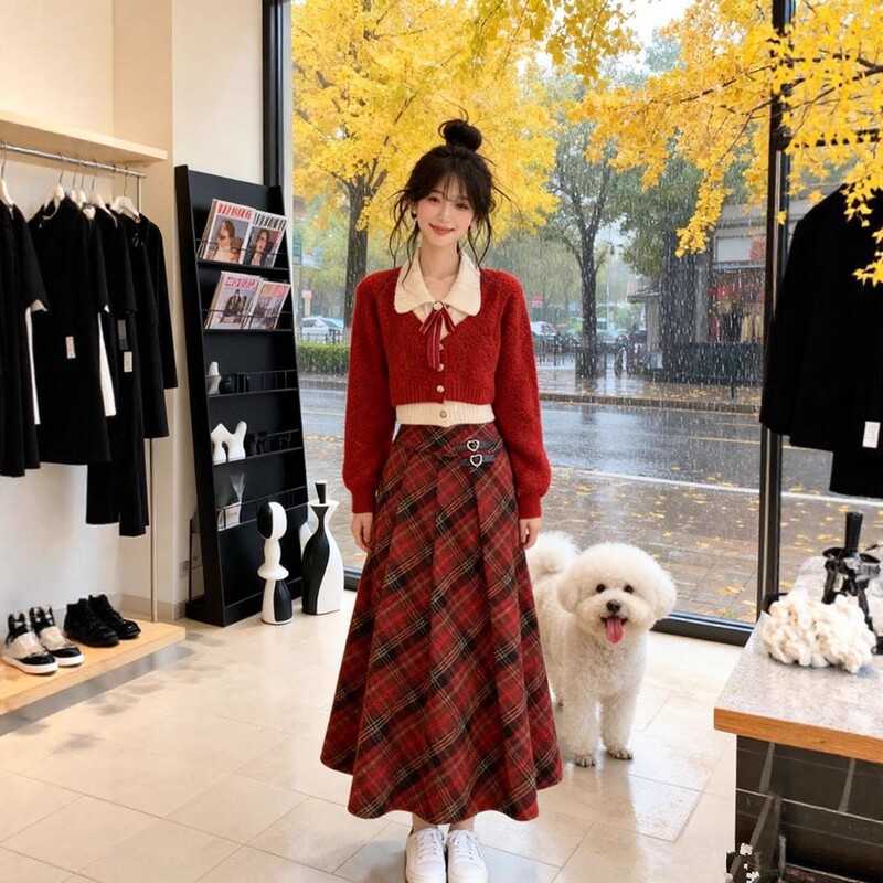 Christmas-Themed Outfit Set, New Year's Red Sweater, Preppy Style Plaid Pleated Skirt Two-Piece Set