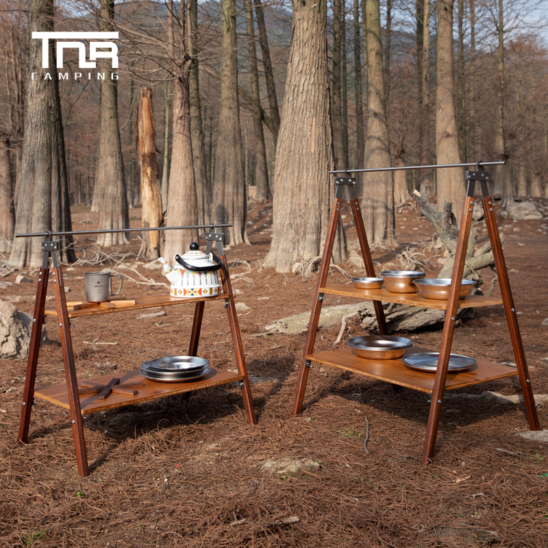 TNR outdoor camping picnic solid wood preservative wood rack 2-layer storage portable storage kitchen rack flower rack bookshelf