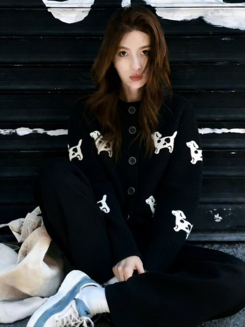 Korean style with a complete set of winter clothes 2026 loose slimming lazy style cartoon puppy sweater wide leg pants suit