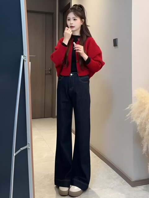Spring's Stunning Two-Piece Set 2026: a Relaxed and Stylish Outfit with a Red Knit Cardigan and Jeans Set