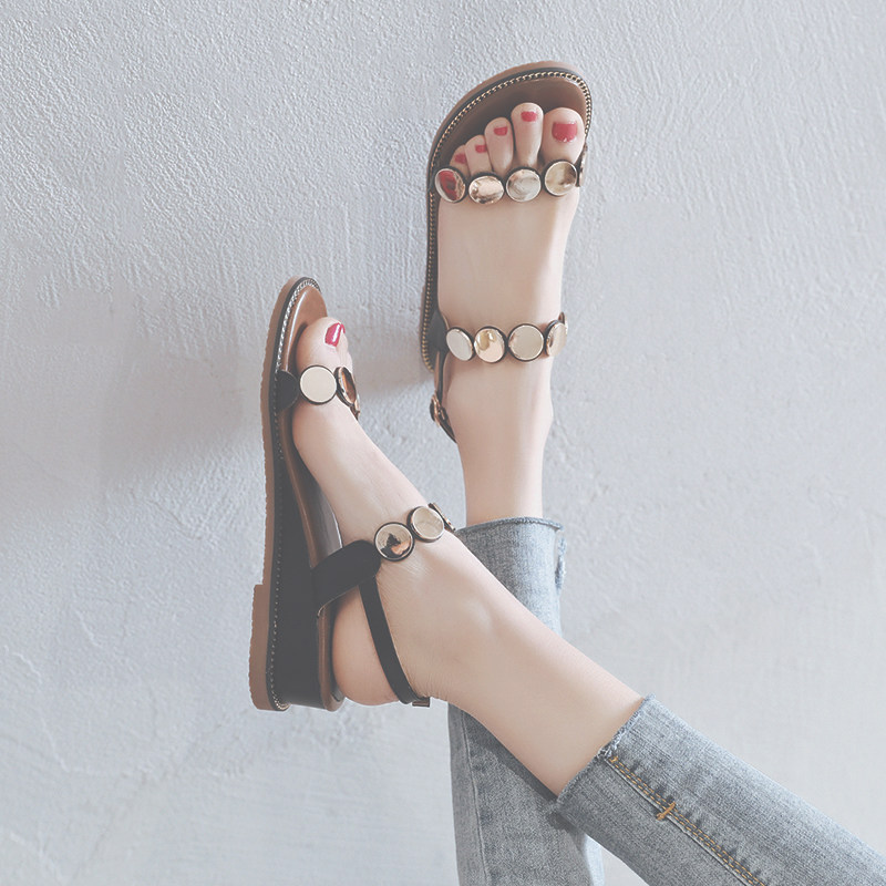 Hong Kong Tide Brand 2022 New Wedge Heel Roman Sandals Female Students Versatile One Word Buckle Belt Gentle Fairy Flats