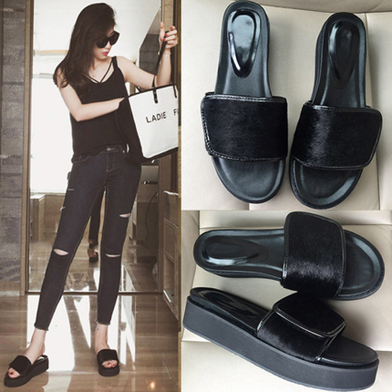 Hong Kong tide brand all-match slippers women's 2022 summer new one-word drag leather flat shoes fashion sponge cake platform sandals