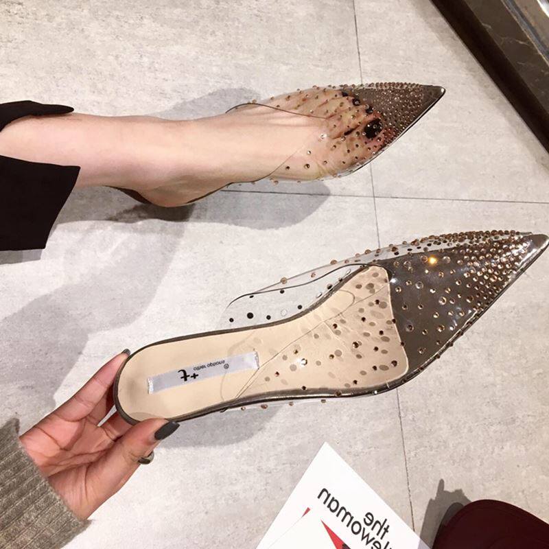 Tide brand rhinestones wear medium heel slippers women's 2022 summer new Muller shoes fashion all-match Baotou stiletto high heels