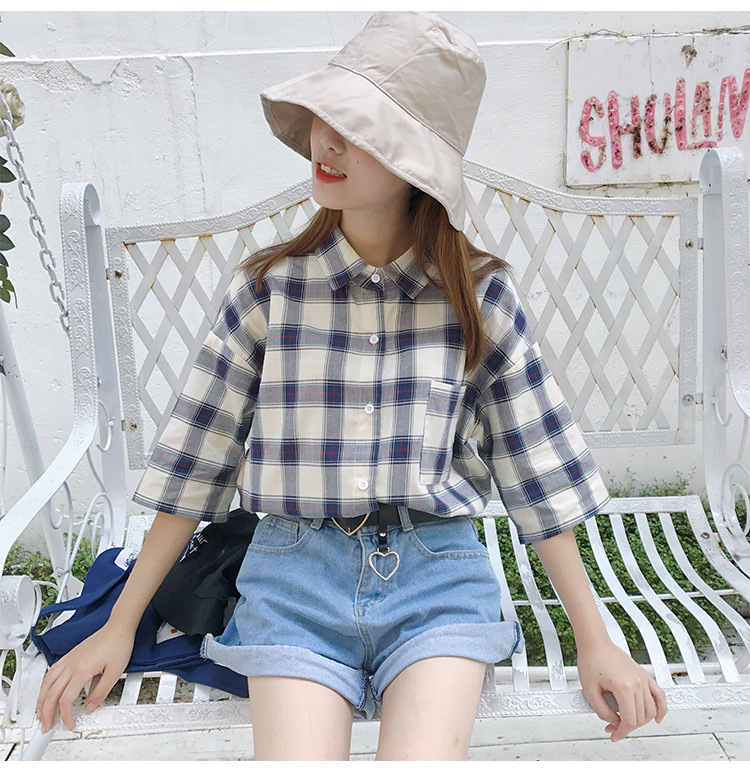 VK旗艦店 韓國學院風格子格紋短袖襯衫短袖上衣