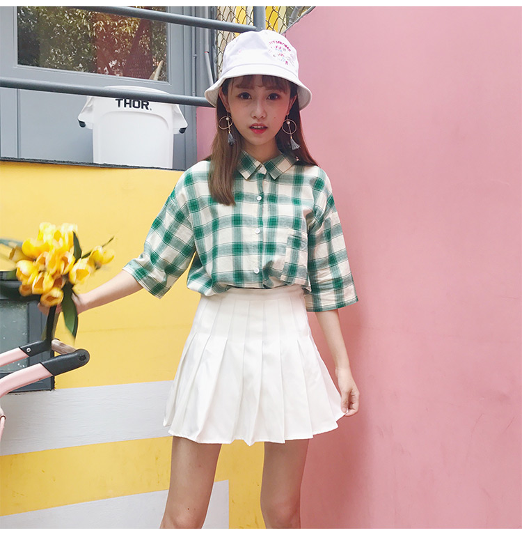 VK旗艦店 韓國學院風格子格紋短袖襯衫短袖上衣