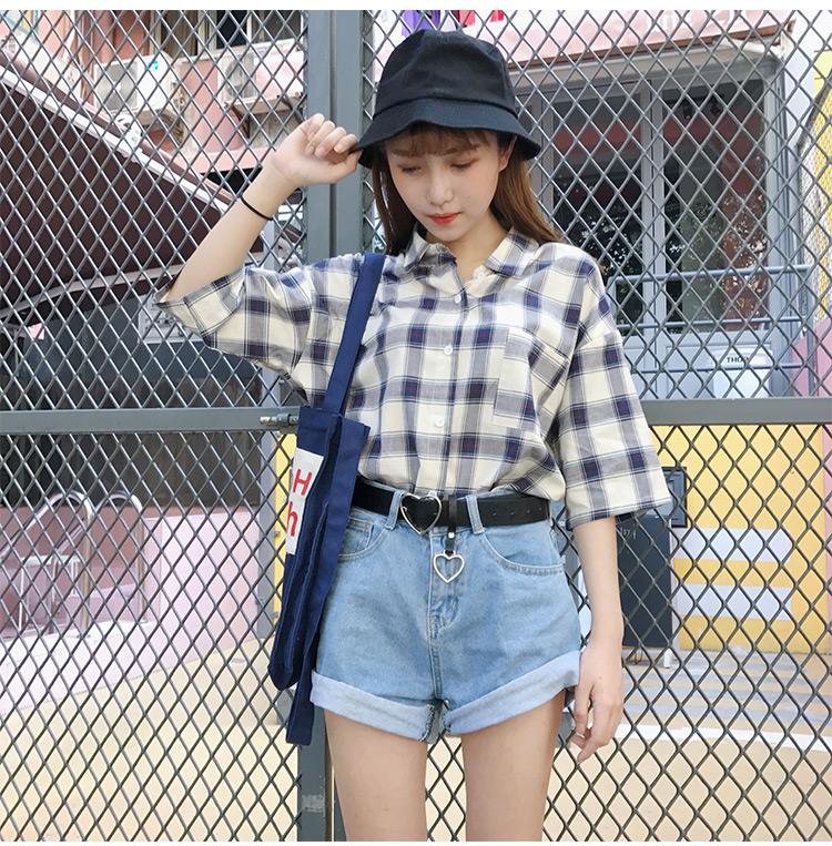 VK旗艦店 韓國學院風格子格紋短袖襯衫短袖上衣