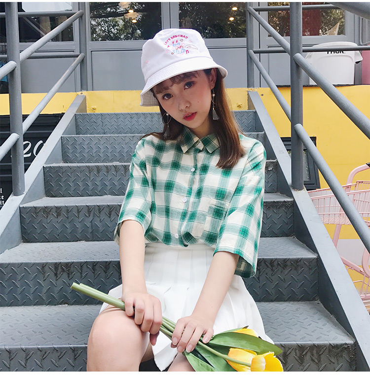 VK旗艦店 韓國學院風格子格紋短袖襯衫短袖上衣