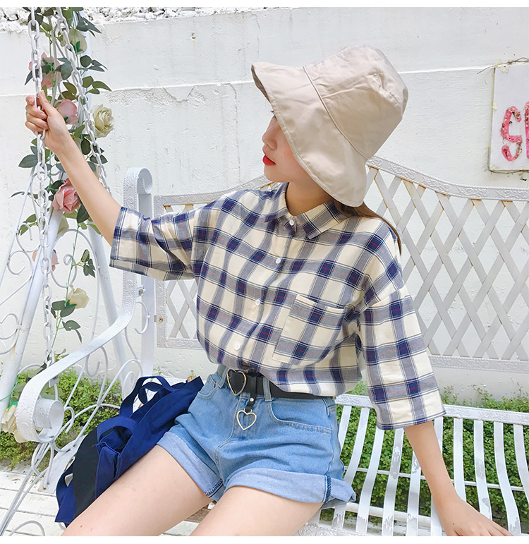 VK旗艦店 韓國學院風格子格紋短袖襯衫短袖上衣