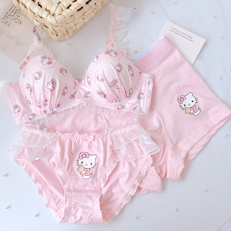 Cute Kt Japanese-Style Adorable Couple Matching Underwear, One Male and One Female, Pink Sweet Hello Kitty Underwear, Pure Cotton Bra