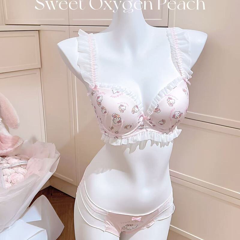 Soft and Cute Kitty~ Japanese Cartoon Cute Print Hello Kitty Pink Pure Desire Bra Set, Push-Up and Anti-Sagging