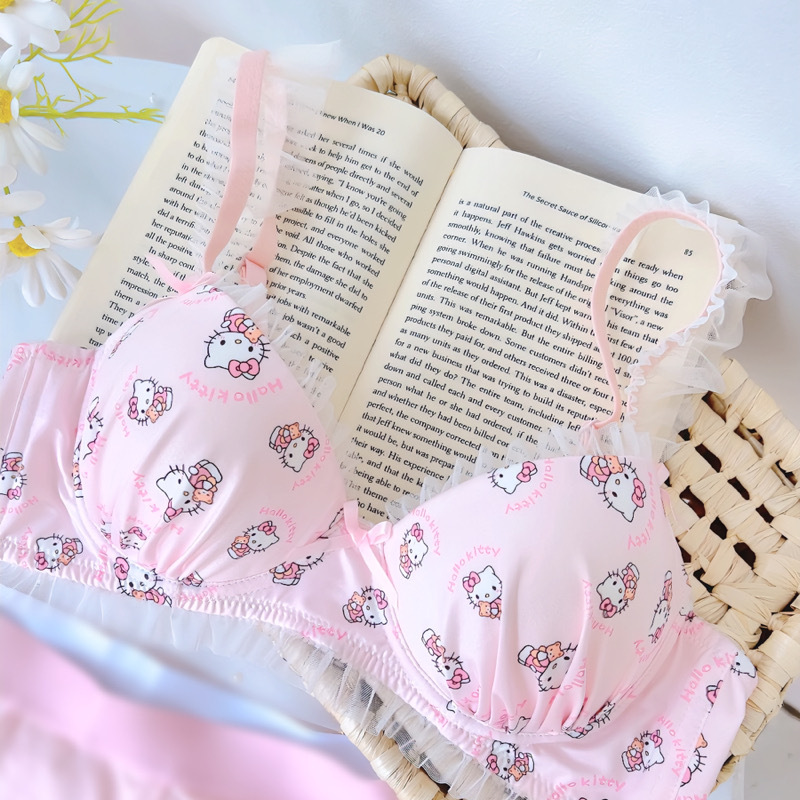 Soft and Cute Kt~ Japanese-Style Girl's Thin Sweet Bowknot Wireless Bra Set for Small Busts, Sweet and Cute