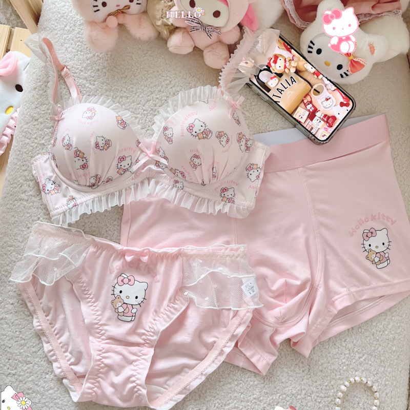 Cute Kt~Original Design Hello Kitty Cute Couple Underwear Set for Men and Women, Sweet Pink Three-Piece Lingerie Set