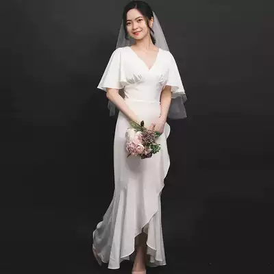 2021 new bridal tour light gauze autumn and winter slim female sexy satin simple Moren line go out gauze light wedding dress