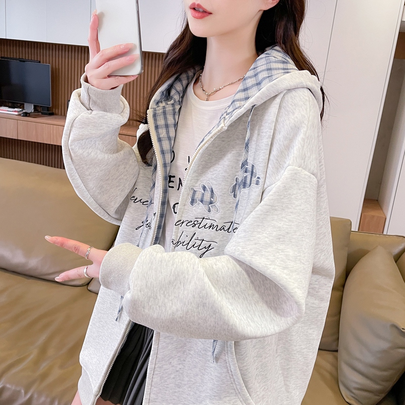 Girls' Korean-Style Plaid Patchwork Hooded Jacket Autumn 2026 New Model Casual Loose Sweatshirt Cardigan for Middle and High School Students