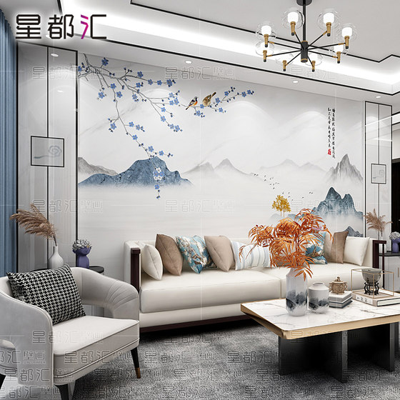 New Chinese style wall covering TV background wall wallpaper decoration  living room sofa landscape painting wallpaper