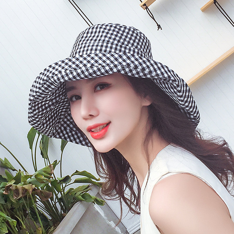 Fisherman Hat Woman Xia Han Edition 100 Hitch Family Of Grid Basin Hat Female Tide Folding Sun Hat Children Holiday Sunscreen Sunscreen Hat