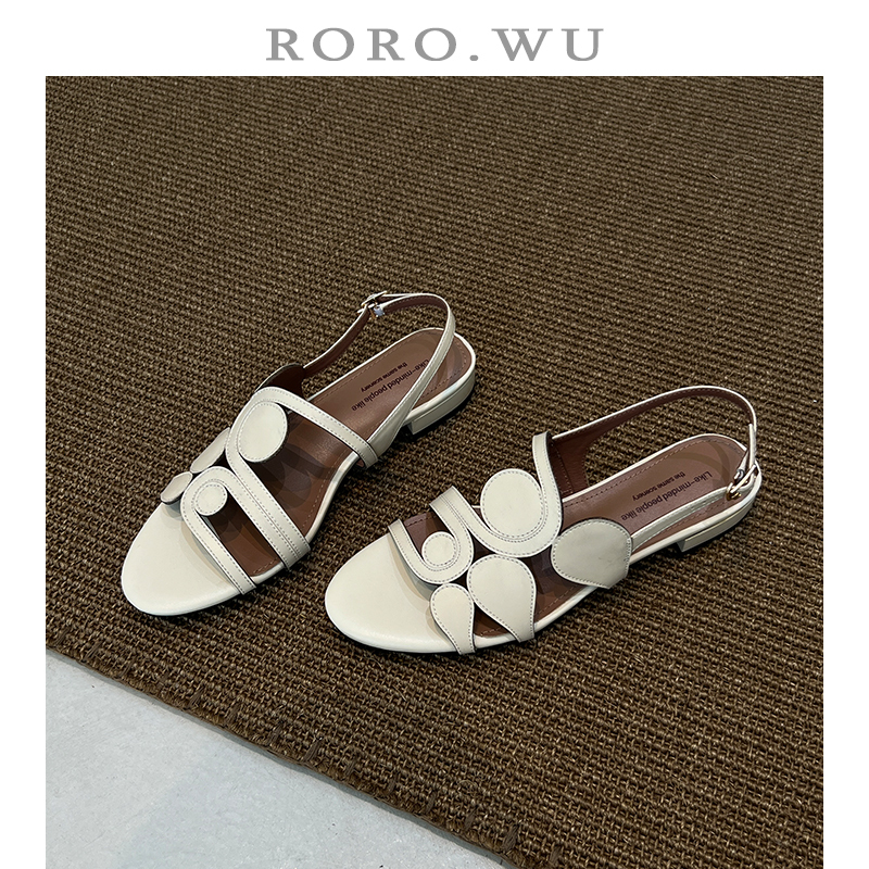 Rao Rao Wu Cowhide Summer New Open-Toe Niche Design Versatile Chunky Heel Artistic Temperament Sandals for Women Chunky Heel T491