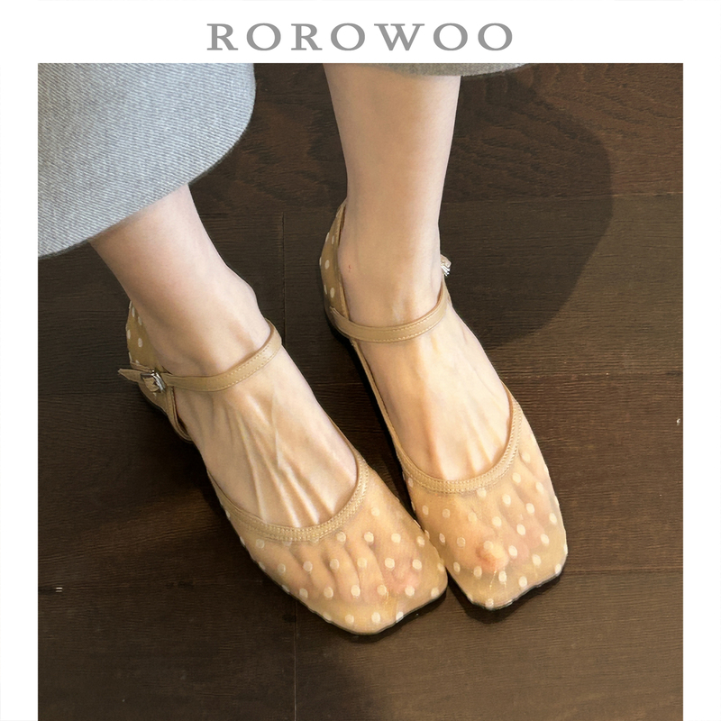 Rao Rao Wu Retro Mesh Square-Toe Soft-Soled Chunky Heel Sandals with a Single Strap, Slimming and Comfortable Mary Jane Shoes for Women A176
