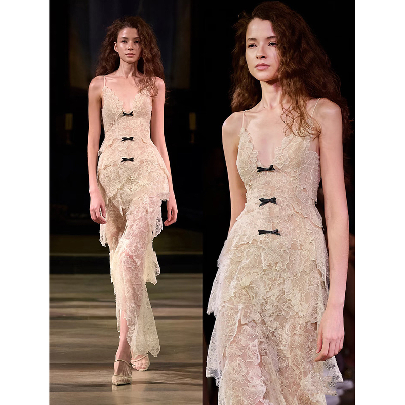 Vietnamese Niche Design Seaside Vacation Fairy Dress French Retro V-Neck Lace Hollow Long Dress Gown