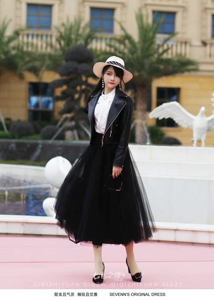 Seven Seven Edge 2019 Mùa xuân Mới của phụ nữ Hàn Quốc Đen Zipper dài tay áo khoác da ngắn - Quần áo da áo da nữ dáng dài