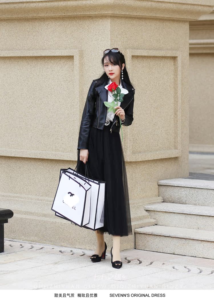Seven Seven Edge 2019 Mùa xuân Mới của phụ nữ Hàn Quốc Đen Zipper dài tay áo khoác da ngắn - Quần áo da áo da nữ dáng dài