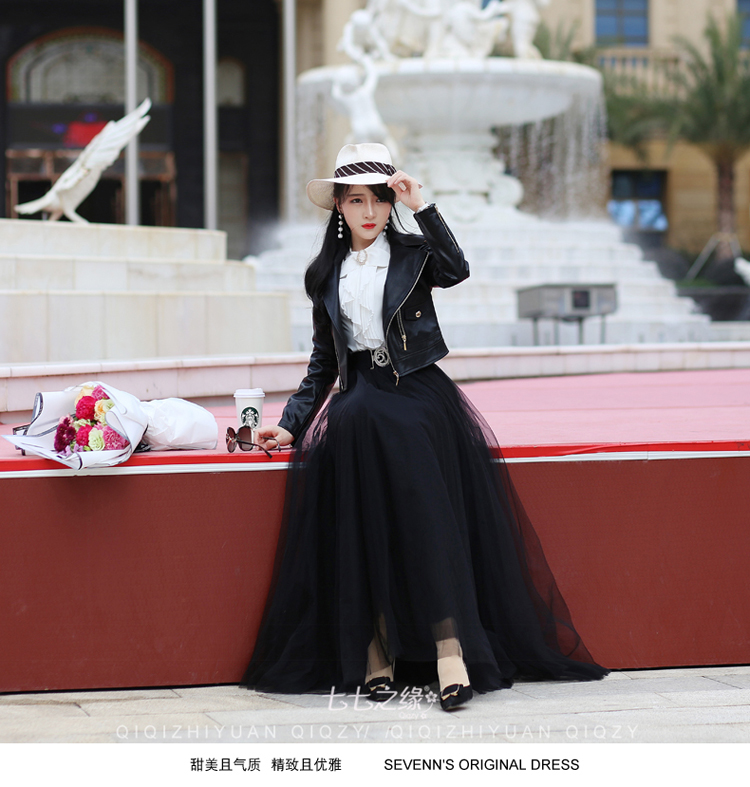 Seven Seven Edge 2019 Mùa xuân Mới của phụ nữ Hàn Quốc Đen Zipper dài tay áo khoác da ngắn - Quần áo da áo da nữ dáng dài