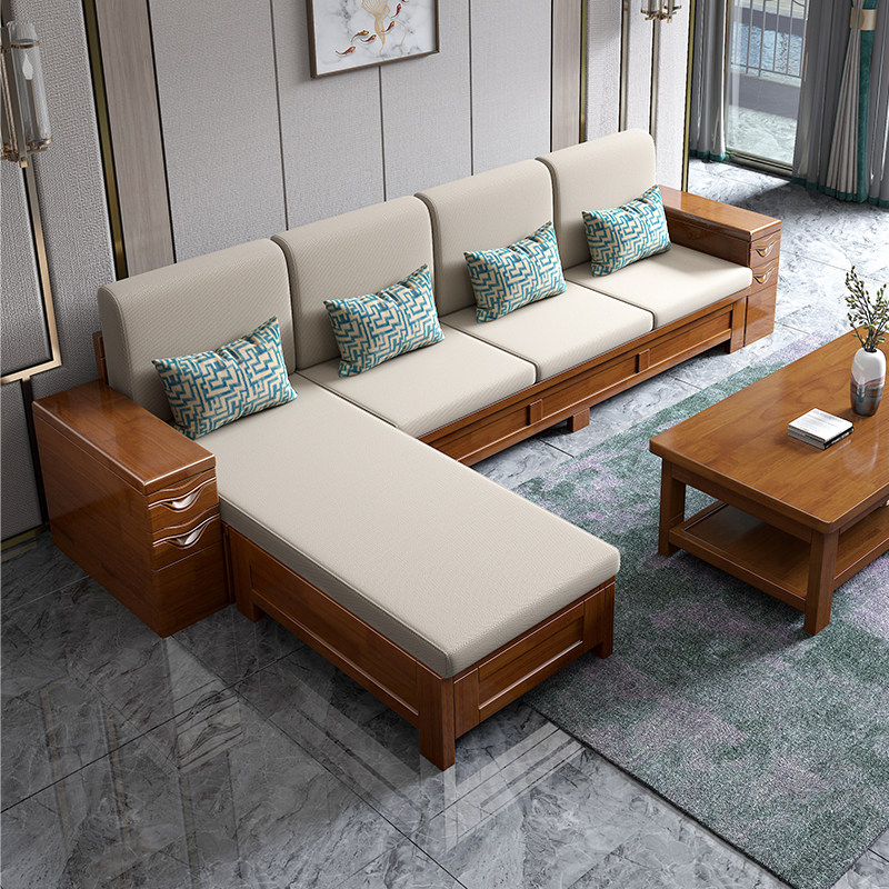 Solid wood sofa combination Winter and summer small household sofa new Chinese modern living room high-box storage wooden furniture