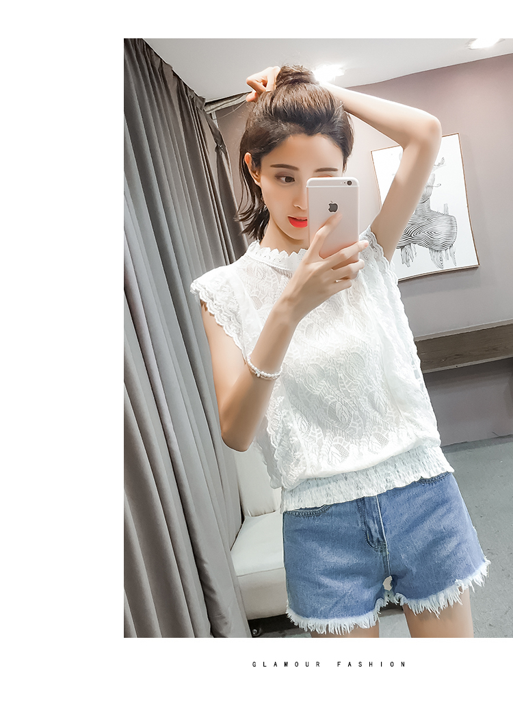 Ren voan áo sơ mi nữ ngắn tay 2018 mùa hè cơ thể phụ nữ giảm béo móc hoa rỗng đa năng bay tay áo của phụ nữ áo sơ mi áo sơ mi họa tiết nữ