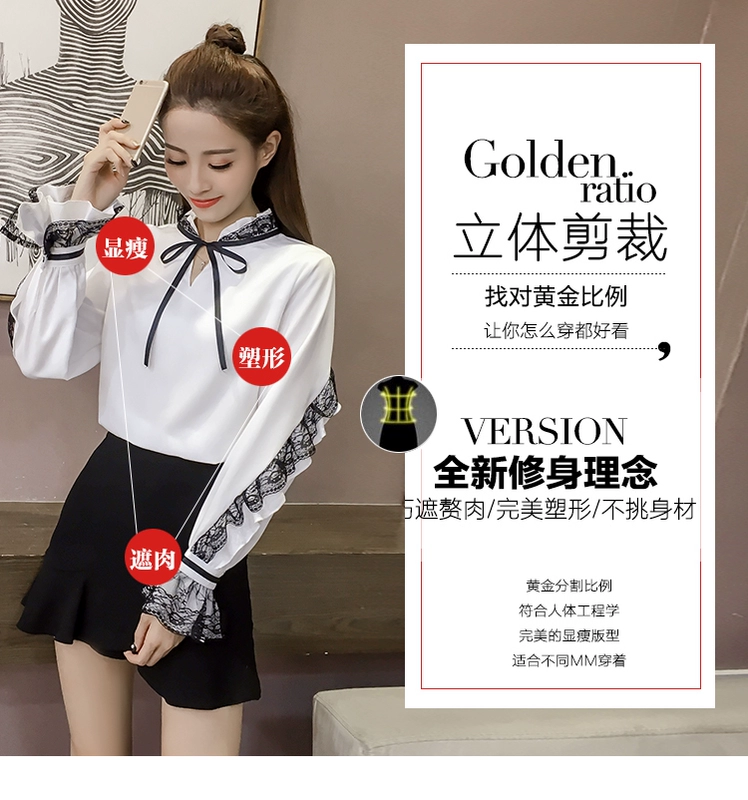 Trumpet tay áo voan 2017 thời trang mới Hàn Quốc cổ áo cổ áo cà vạt áo sơ mi ren nơ