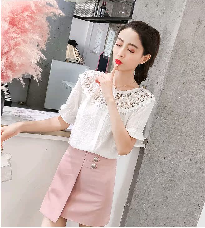 Áo voan nữ tay ngắn 2018 hè mới siêu tiên nàng tiên búp bê ngọt ngào móc hoa móc áo ren rỗng áo sơ mi nữ đen