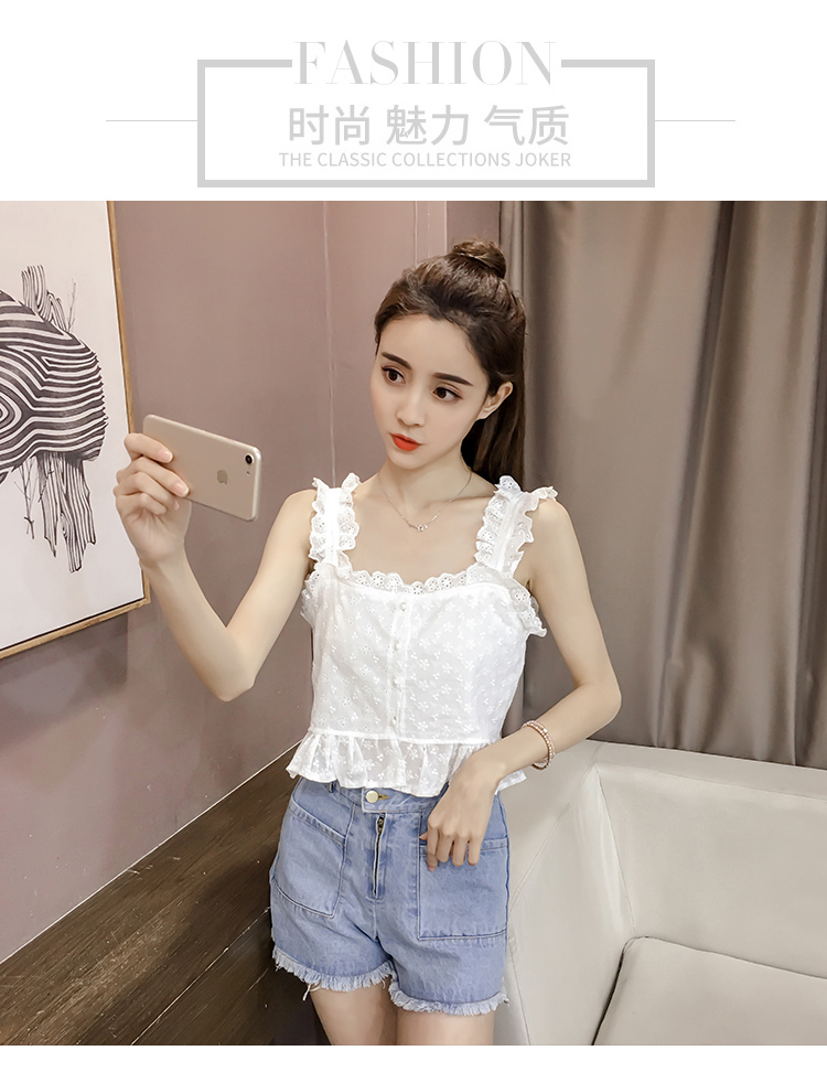 2018 mùa xuân và mùa hè mới móc hoa rỗng bằng gỗ tai ngọc trai khóa nhỏ tươi hoang dã ren áo yếm nữ quần áo nữ