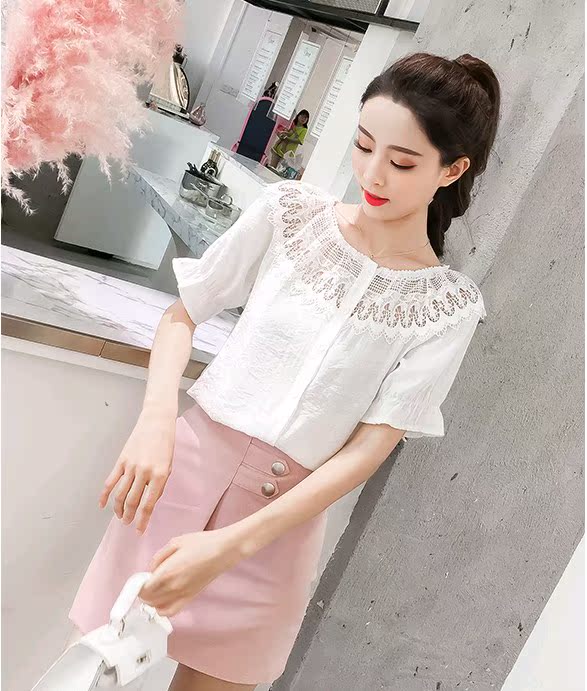 Áo voan nữ tay ngắn 2018 hè mới siêu tiên nàng tiên búp bê ngọt ngào móc hoa móc áo ren rỗng áo sơ mi nữ đen