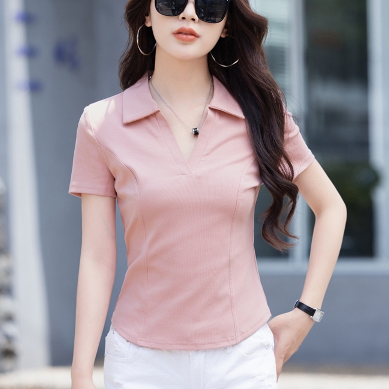 Right-Shoulder Polo Shirt with a Turn-Down Collar, Short-Sleeved T-Shirt for Women, Summer 2026 New Design, Fishbone Line Slim-Fit Short Top