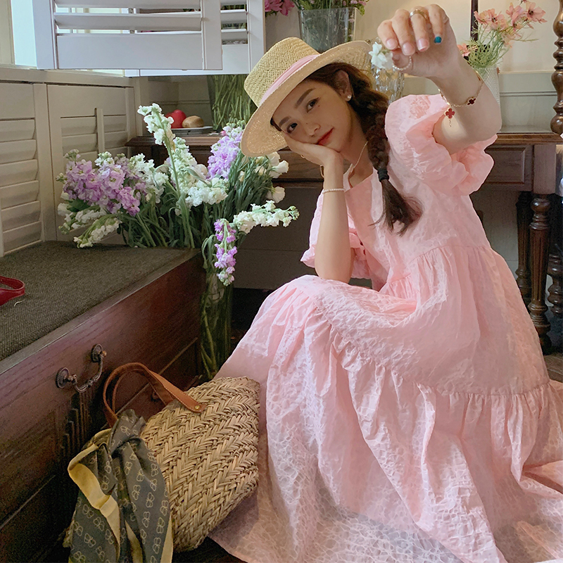 Dopamine-Inspired Stunning Pink Puff Sleeve Square Neck Dress for Women, Summer 2026 New Style, Fresh and Loose Fairy-Like Long Dress