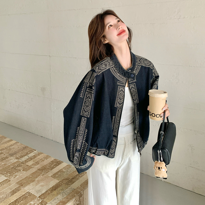 Ethnic Style Navy Blue Printed Denim Jacket 2026 Early Spring Girls' Unique, Beautiful, High-End Niche Jacket Top