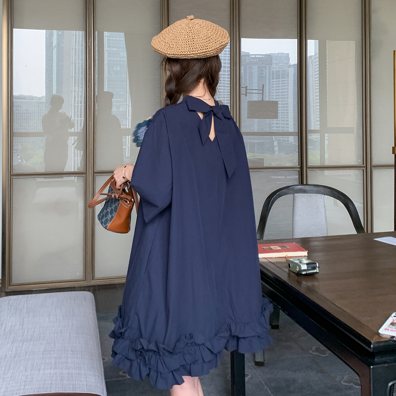 Unique and Beautiful Navy Blue Ruffled Dress for Women, Summer Style, Artistic and Forest-Inspired, Loose-Fitting, Age-Reducing, Casual Babydoll Dress