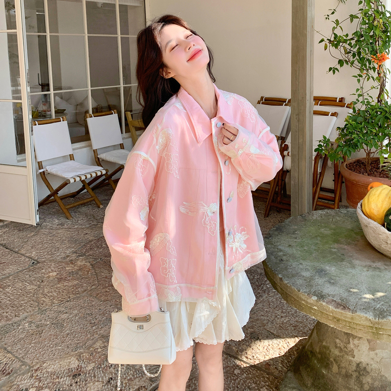 Dopamine Pink Short Mesh Patchwork Denim Jacket for Girls, Unique and Beautiful, New Chinese Style Embroidered Jacket