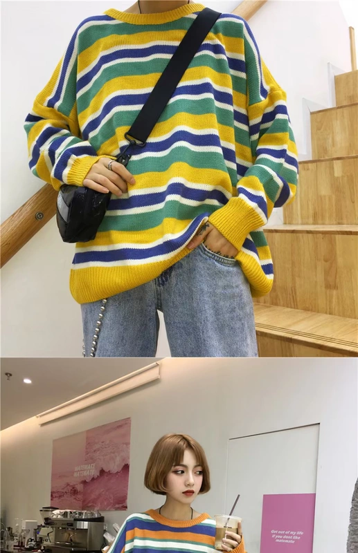 Hãng phim Hàn Quốc. Hàn Quốc retro màu tương phản sọc đôi OV đan áo len dài tay 18FW mẫu nam và nữ áo hoodie cặp