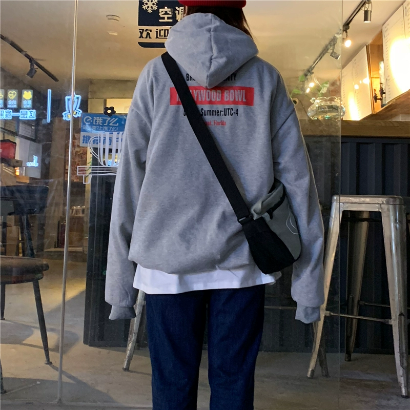 Hãng phim Hàn Quốc.18 Hàn Quốc retro in chữ hoang dã màu xám trùm đầu cộng với áo len nhung áo hoodie