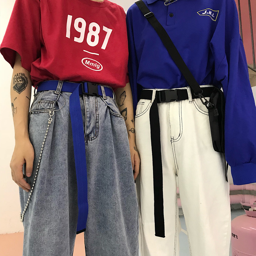 INSstudios Korean ins trend retro simple all-match solid color buckle couple canvas belt for men and women